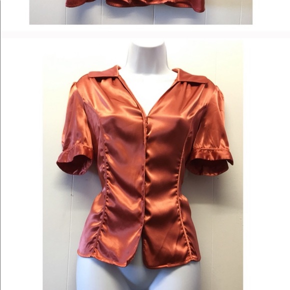Bob Mackie | Rust Orange Sheer Button Down Blouse - Picture 3 of 5